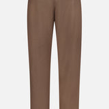 The NN07 Billie Seersucker Trouser Pant for men features a brown pinstripe design, elasticated back waistband, belt loops, and two buttoned back welt pockets, shown on a white background.