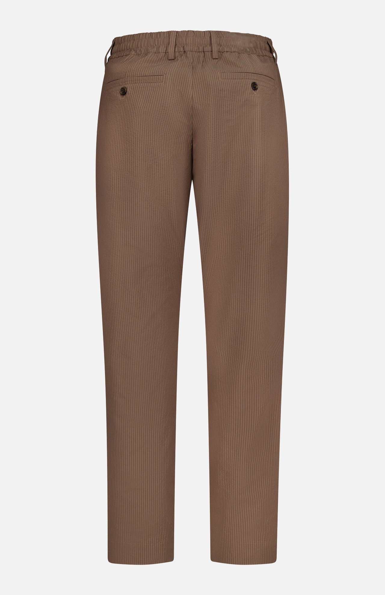 The NN07 Billie Seersucker Trouser Pant for men features a brown pinstripe design, elasticated back waistband, belt loops, and two buttoned back welt pockets, shown on a white background.
