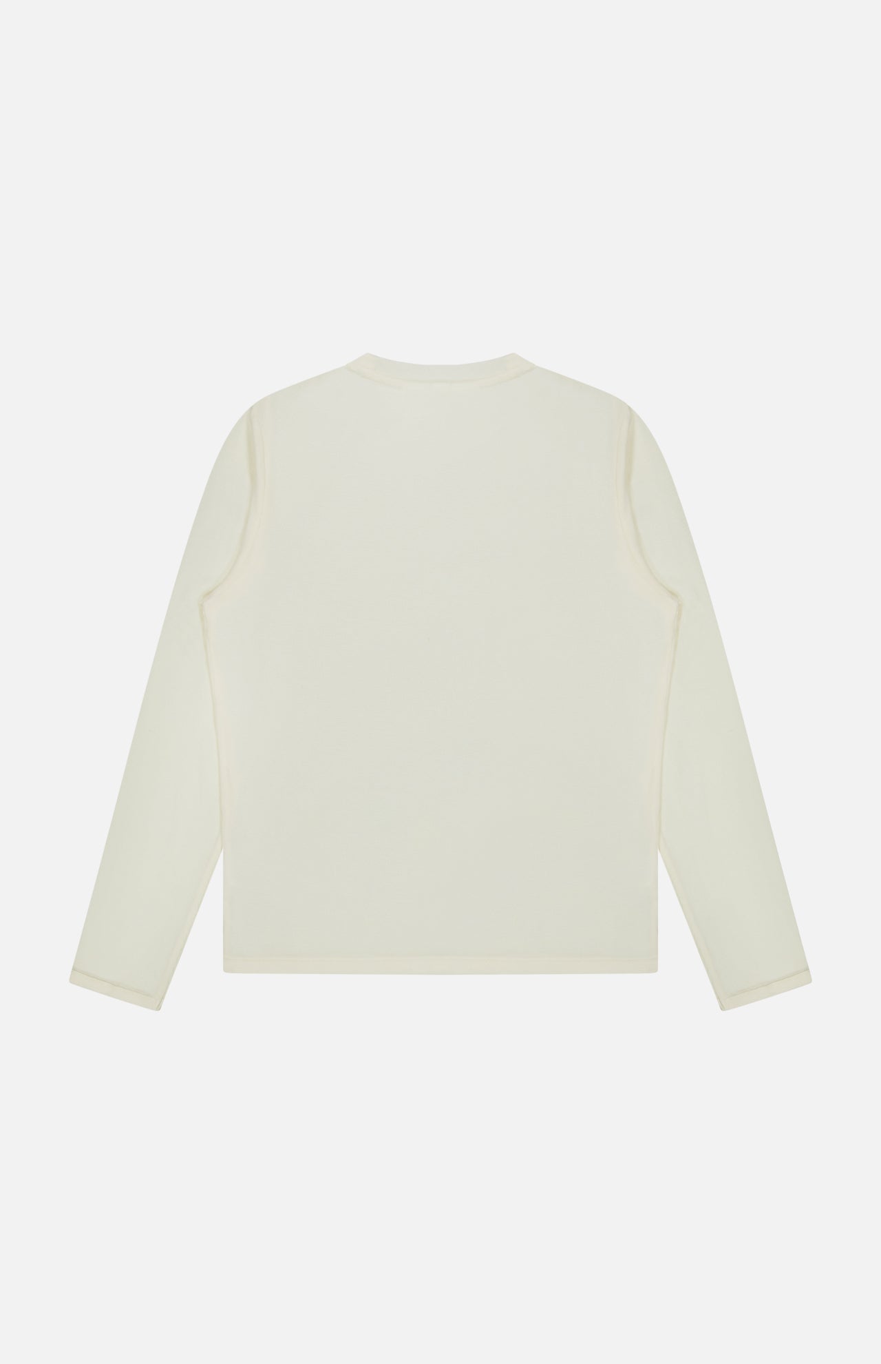 The NN07 Clive Long Sleeve T-Shirt is displayed laid flat, back side up, against a white background. Made from a soft cotton-modal blend in off-white, this essential piece effortlessly complements any casual wardrobe.