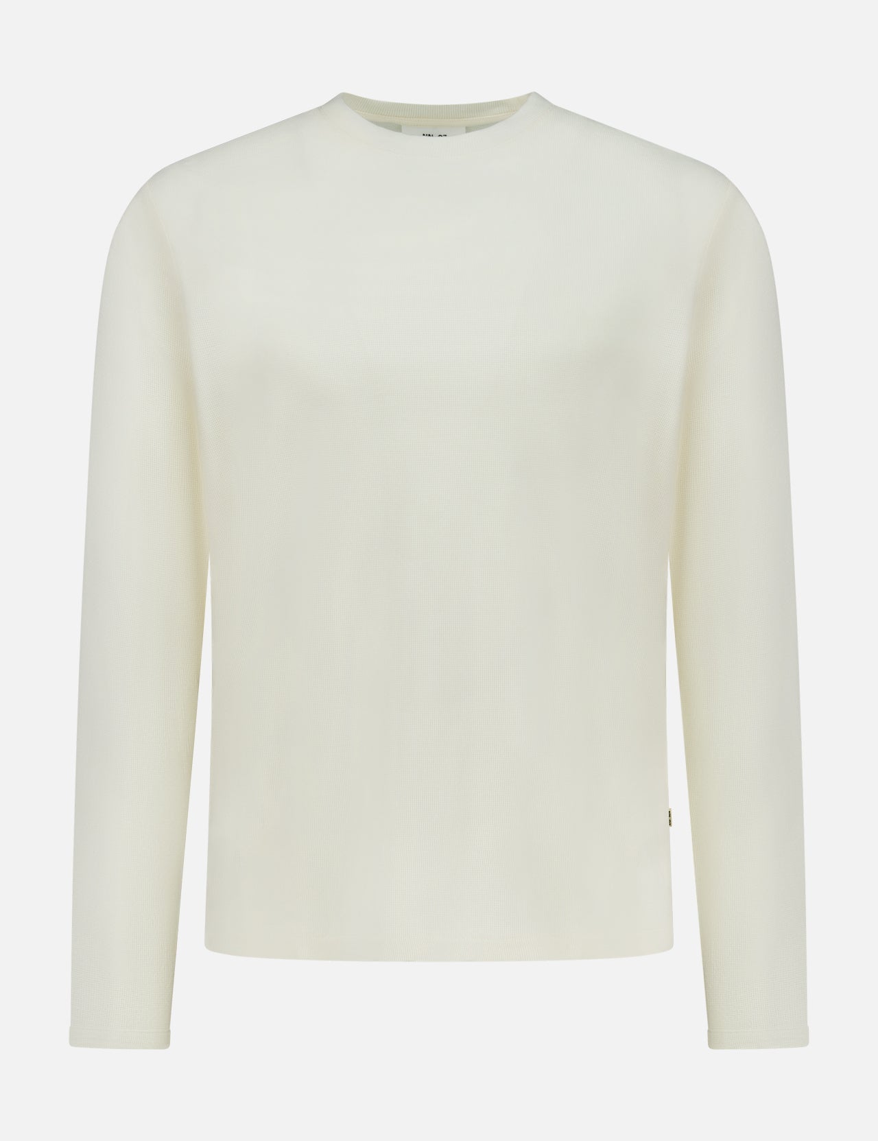The Clive Long Sleeve T-Shirt by NN07 is a plain, off-white crew neck shirt with long sleeves, crafted from a soft cotton-modal blend—perfect for any casual wardrobe and displayed on a white background.