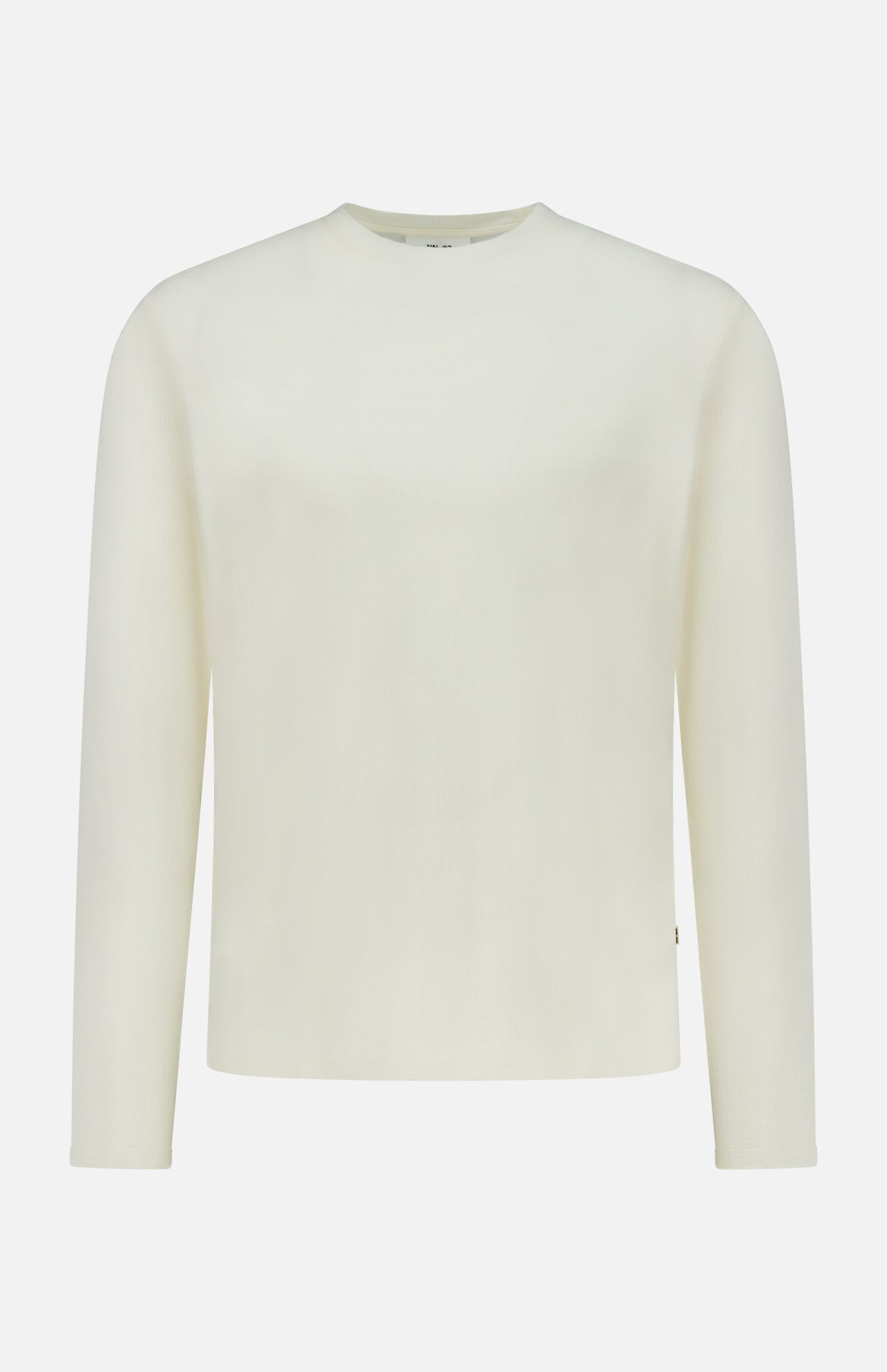The Clive Long Sleeve T-Shirt by NN07 is a plain, off-white crew neck shirt with long sleeves, crafted from a soft cotton-modal blend—perfect for any casual wardrobe and displayed on a white background.