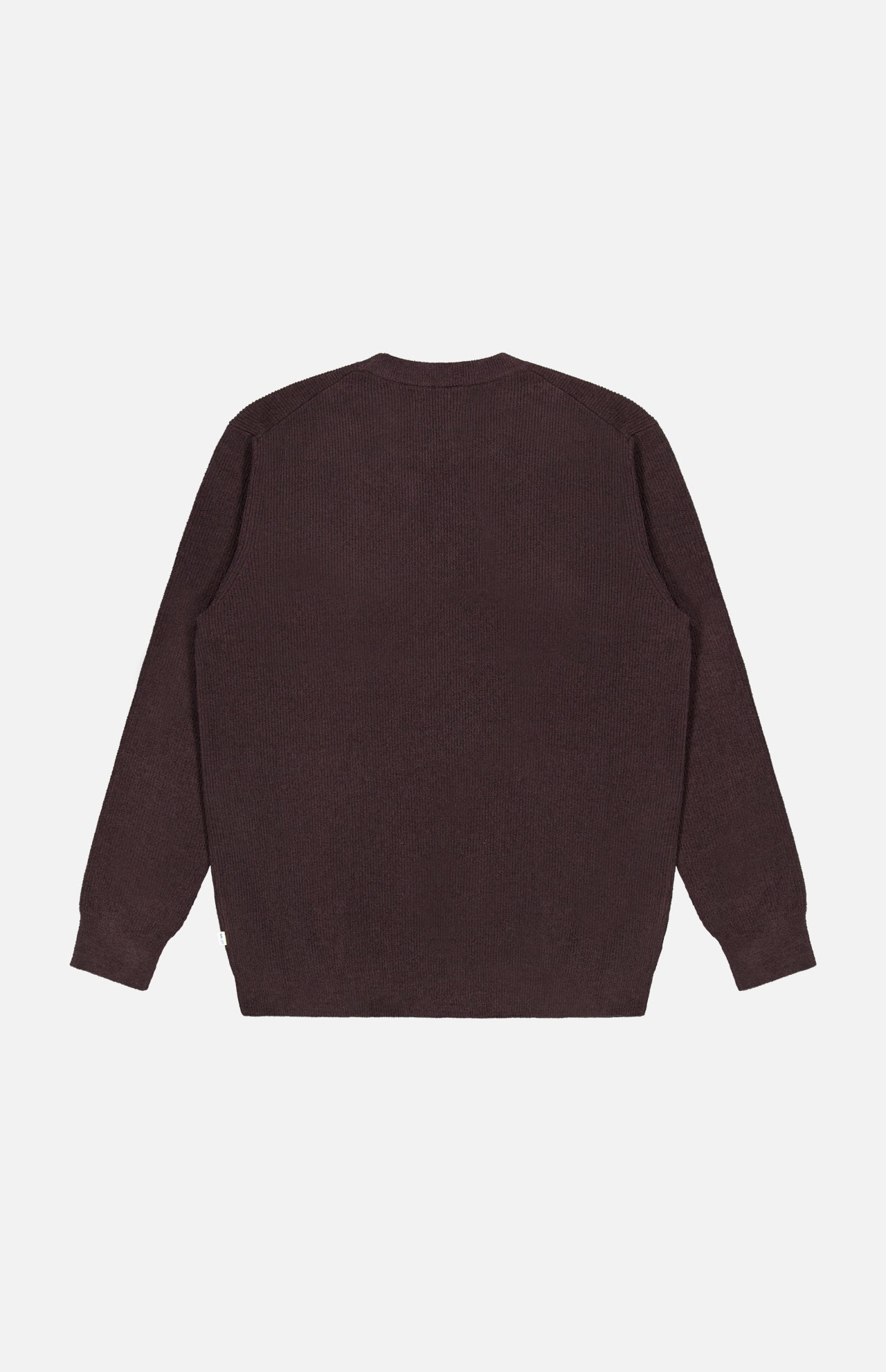 The Danny Crewneck Sweater by NN07 is shown laid flat on a white background, displayed from the back. Made from a lightweight polyester-blend fabric, this plain, long-sleeve chocolate brown sweater combines comfort with timeless style.