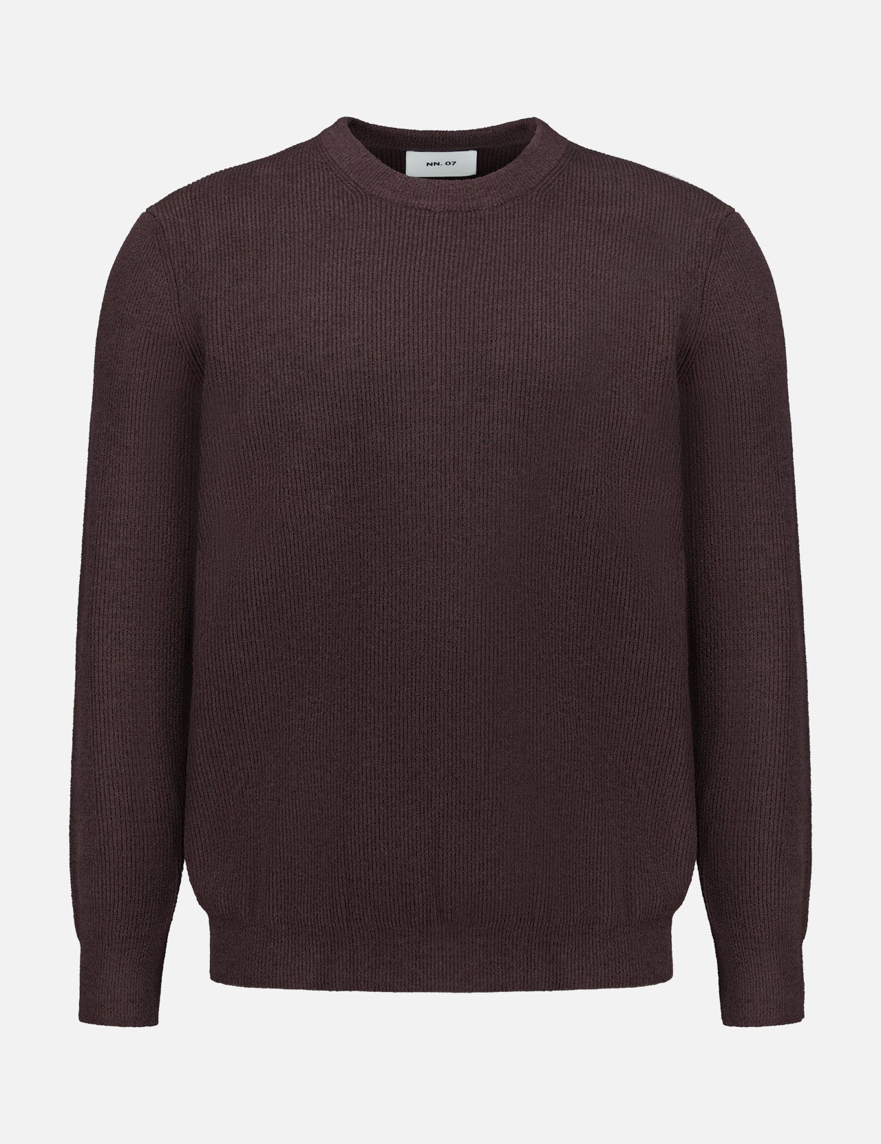 The Danny Crewneck Sweater by NN07 is a long-sleeved, chocolate brown crew neck sweater made from a lightweight polyester-blend knit, shown against a white background.