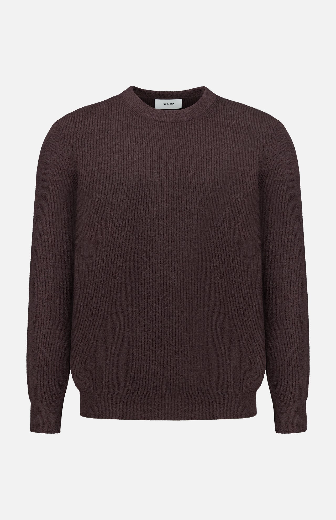 The Danny Crewneck Sweater by NN07 is a long-sleeved, chocolate brown crew neck sweater made from a lightweight polyester-blend knit, shown against a white background.