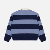 The NN07 David Long Sleeve Polo Shirt is a sporty, casual top with wide navy and light blue stripes, a white collar, ribbed cuffs, and is crafted from organic cotton polo fabric for a classic look.