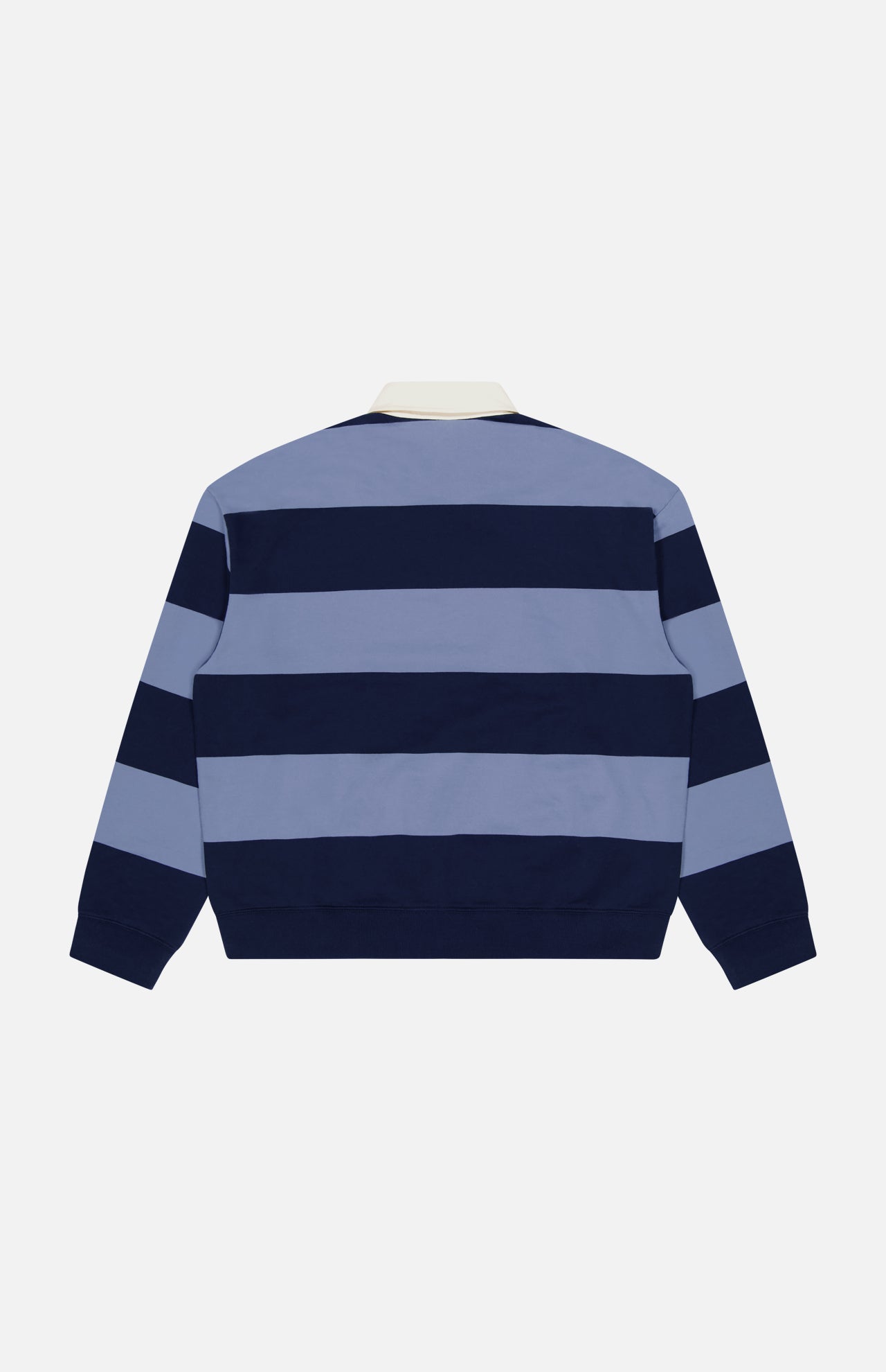 The NN07 David Long Sleeve Polo Shirt is a sporty, casual top with wide navy and light blue stripes, a white collar, ribbed cuffs, and is crafted from organic cotton polo fabric for a classic look.