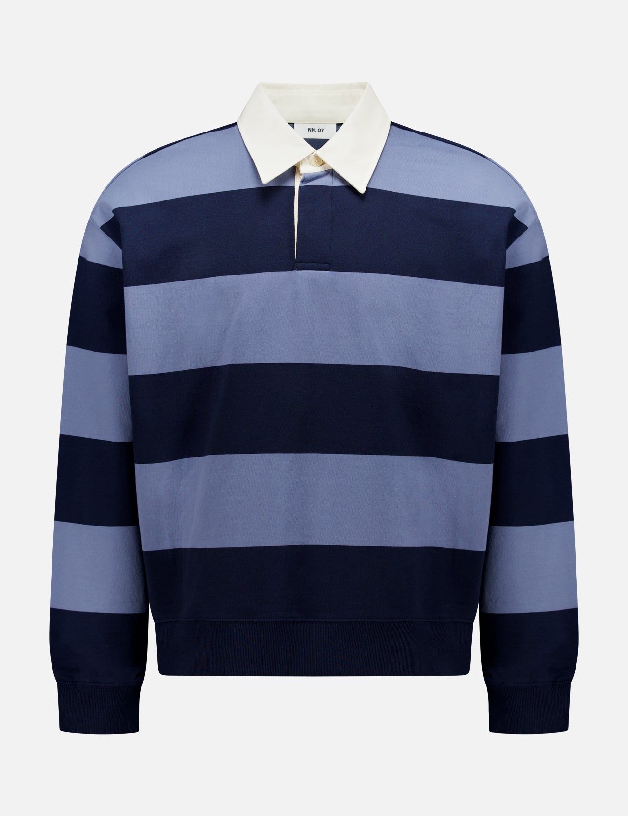 The NN07 David Long Sleeve Polo Shirt features wide navy and light blue stripes, a white collar, relaxed fit, and is shown on a plain white background.