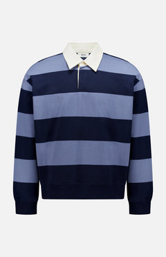 The NN07 David Long Sleeve Polo Shirt features wide navy and light blue stripes, a white collar, relaxed fit, and is shown on a plain white background.