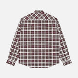 The NN07 Deon Checkered Long Sleeve Shirt, featuring a maroon, black, and white checkered pattern and a relaxed fit with button-up front, is displayed laid flat with the back side facing up on a white background.