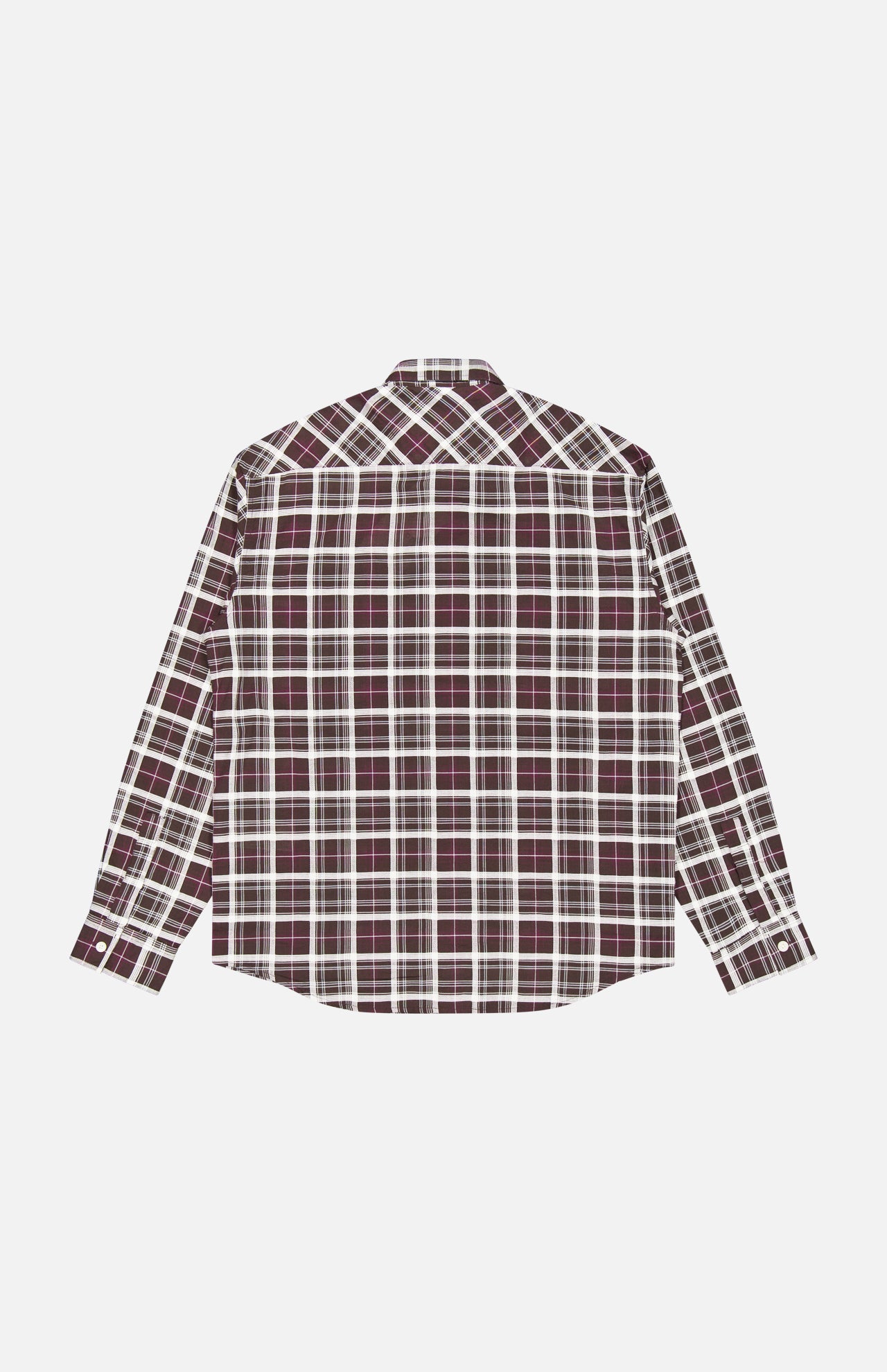 The NN07 Deon Checkered Long Sleeve Shirt, featuring a maroon, black, and white checkered pattern and a relaxed fit with button-up front, is displayed laid flat with the back side facing up on a white background.