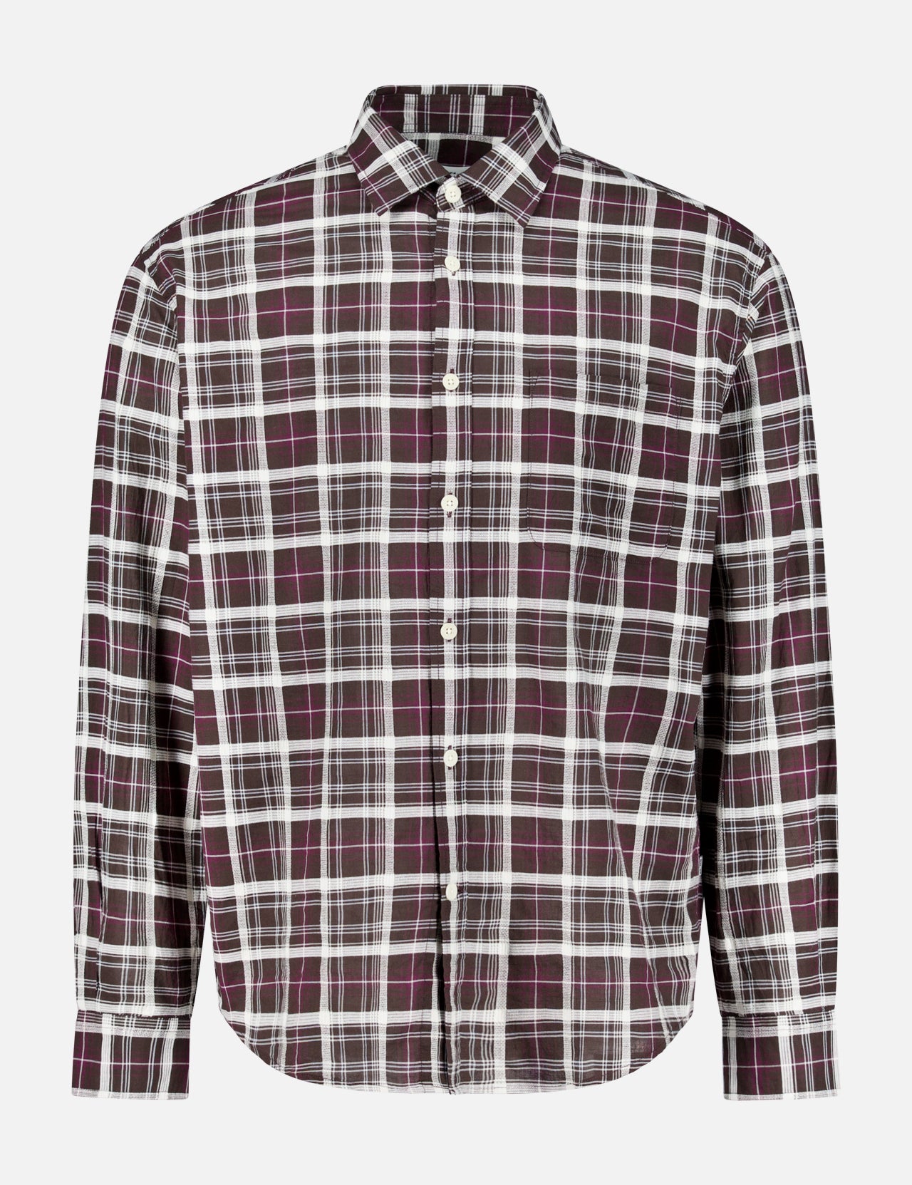 The NN07 Deon Checkered Long Sleeve Shirt is crafted from organic cotton and features a relaxed fit with long sleeves, a classic collar, and white buttons down the front. Showcasing a stylish black, white, and purple checked pattern, this shirt is displayed against a plain white background.