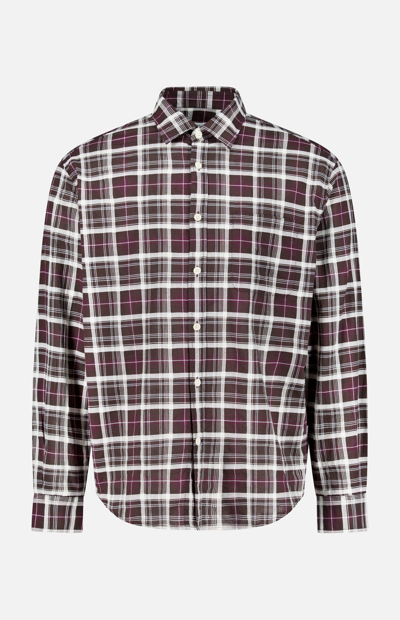 The NN07 Deon Checkered Long Sleeve Shirt is crafted from organic cotton and features a relaxed fit with long sleeves, a classic collar, and white buttons down the front. Showcasing a stylish black, white, and purple checked pattern, this shirt is displayed against a plain white background.