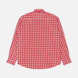 The Deon Flannel Long Sleeve Shirt by NN07 is crafted from soft organic cotton flannel in a red and white plaid pattern. Shown laid flat with the back facing up against a white background, this versatile button-up is a stylish addition to the modern casual wardrobe.