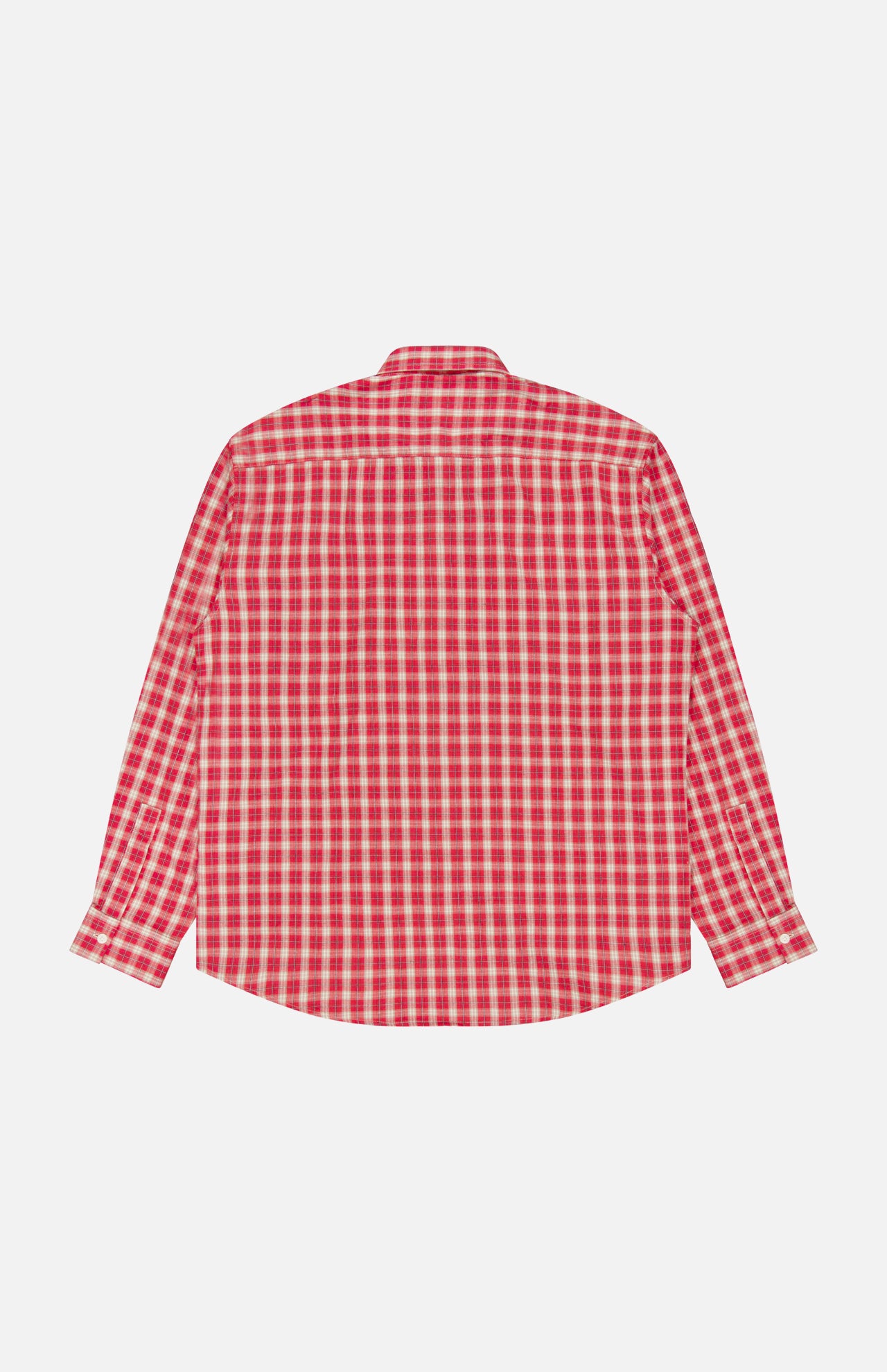 The Deon Flannel Long Sleeve Shirt by NN07 is crafted from soft organic cotton flannel in a red and white plaid pattern. Shown laid flat with the back facing up against a white background, this versatile button-up is a stylish addition to the modern casual wardrobe.