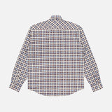 The NN07 Deon Long Sleeve Flannel Shirt, featuring a blue, brown, and white plaid pattern, is shown laid flat with the back facing up against a plain white background.