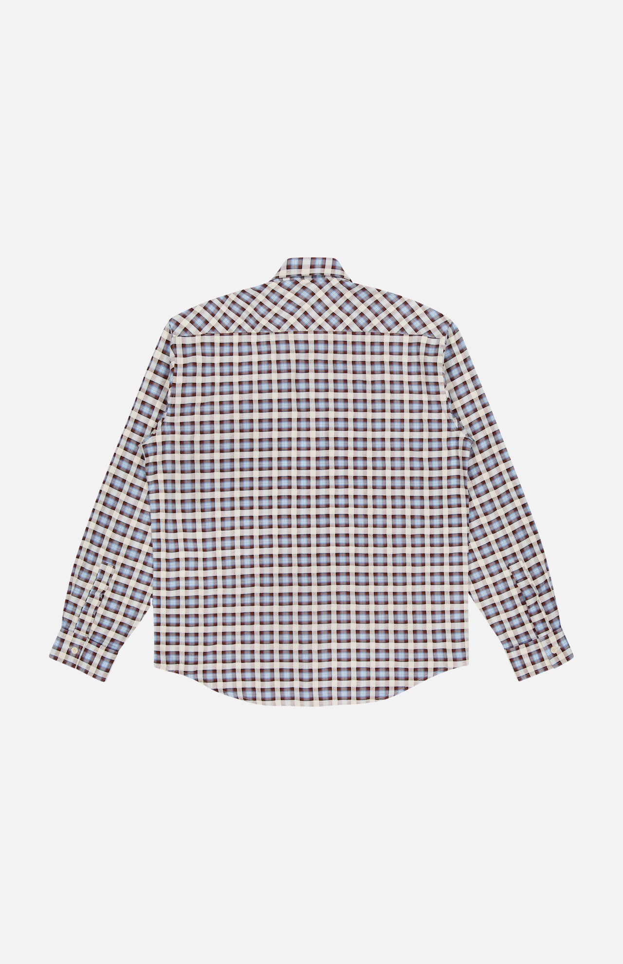 The NN07 Deon Long Sleeve Flannel Shirt, featuring a blue, brown, and white plaid pattern, is shown laid flat with the back facing up against a plain white background.