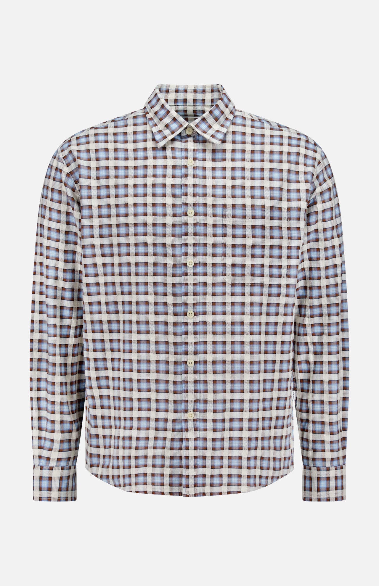 The NN07 Deon Long Sleeve Flannel Shirt is a casual button-up in blue, brown, and white plaid. Made from organic cotton flannel, it features a classic collar and white front buttons for a relaxed yet stylish look.