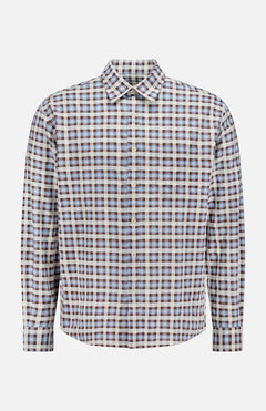 The NN07 Deon Long Sleeve Flannel Shirt is a casual button-up in blue, brown, and white plaid. Made from organic cotton flannel, it features a classic collar and white front buttons for a relaxed yet stylish look.