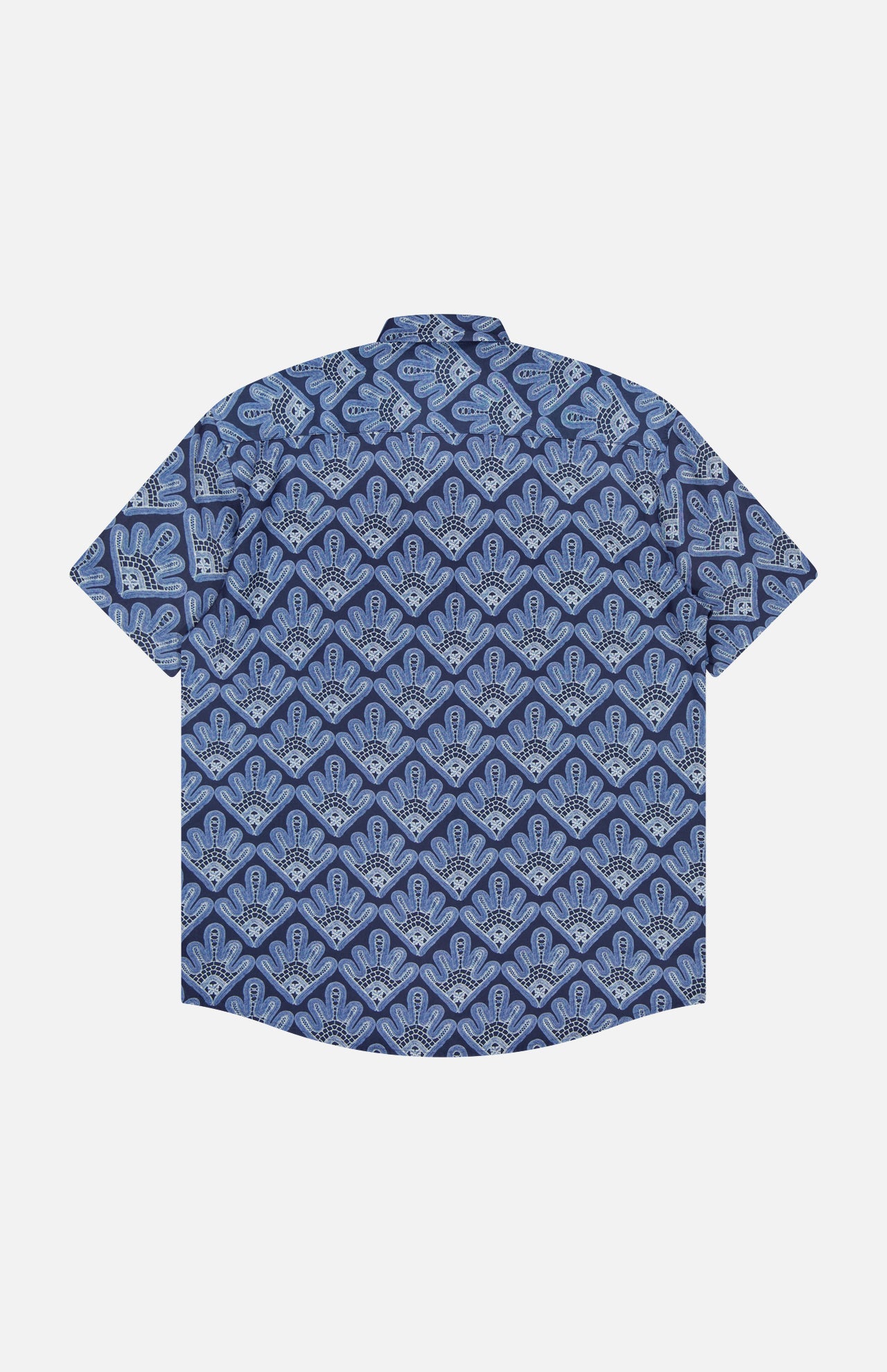 The Deon Short Sleeve Print Shirt by NN07 features a blue digital print with geometric and floral patterns on a dark blue background—an ideal modern-casual piece. Shown flat from the back with collar and button-up design.