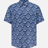 The NN07 Deon Short Sleeve Print Shirt features blue digital geometric and floral prints with a relaxed fit—an ideal upgrade for your modern-casual wardrobe. Shown on a plain white background.