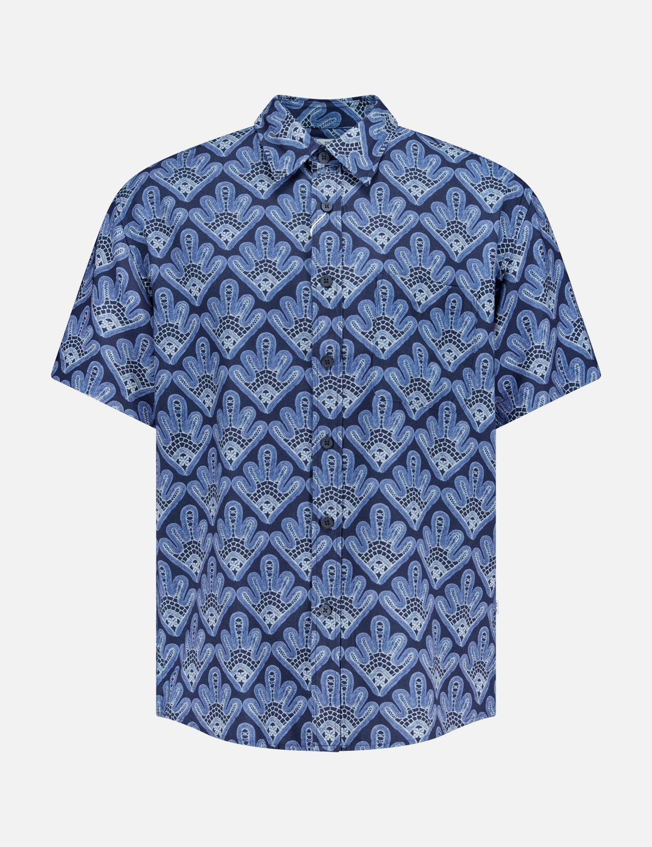 The NN07 Deon Short Sleeve Print Shirt features blue digital geometric and floral prints with a relaxed fit—an ideal upgrade for your modern-casual wardrobe. Shown on a plain white background.