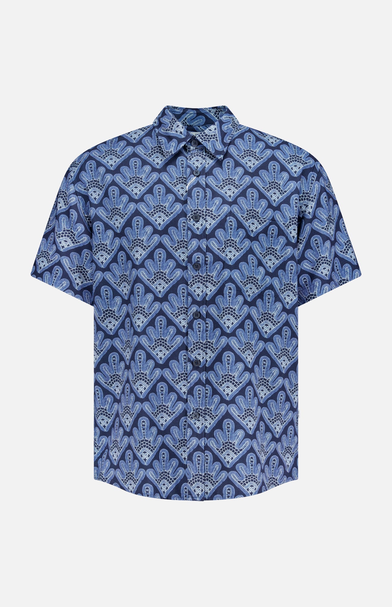 The NN07 Deon Short Sleeve Print Shirt features blue digital geometric and floral prints with a relaxed fit—an ideal upgrade for your modern-casual wardrobe. Shown on a plain white background.