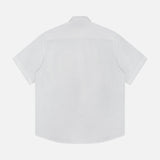 Back view of the NN07 Deon Short Sleeve Linen Shirt in plain white, featuring a classic collar and slightly curved hem—an essential modern-casual piece, displayed on a white background.