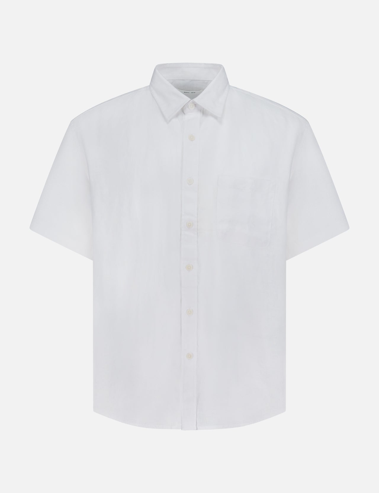 The Deon Short Sleeve Linen Shirt by NN07 features a spread collar, chest pocket, short sleeves, and a straight hem—an essential for any modern-casual wardrobe. Shown here in plain white against a white background.