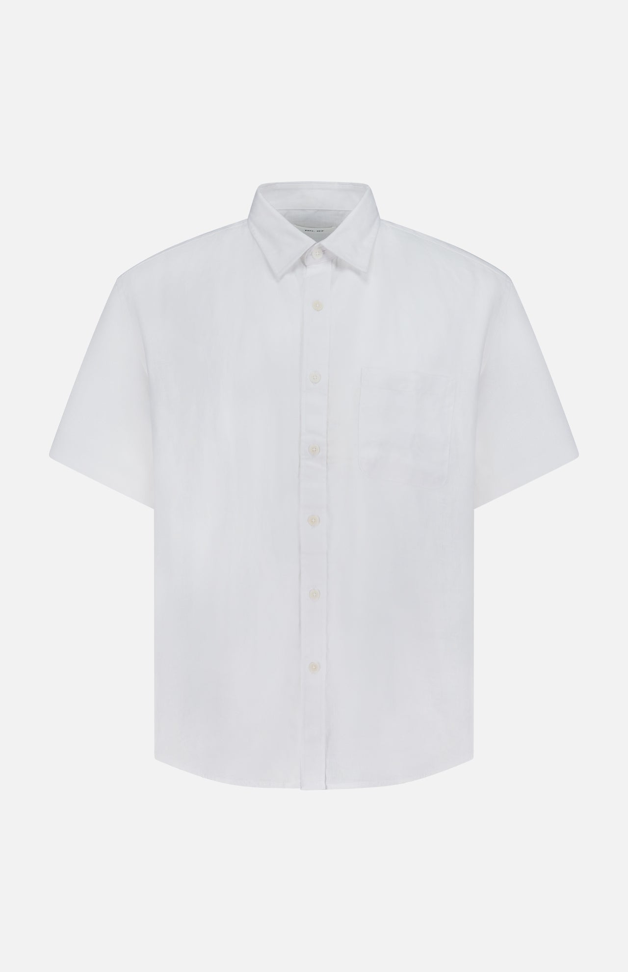 The Deon Short Sleeve Linen Shirt by NN07 features a spread collar, chest pocket, short sleeves, and a straight hem—an essential for any modern-casual wardrobe. Shown here in plain white against a white background.