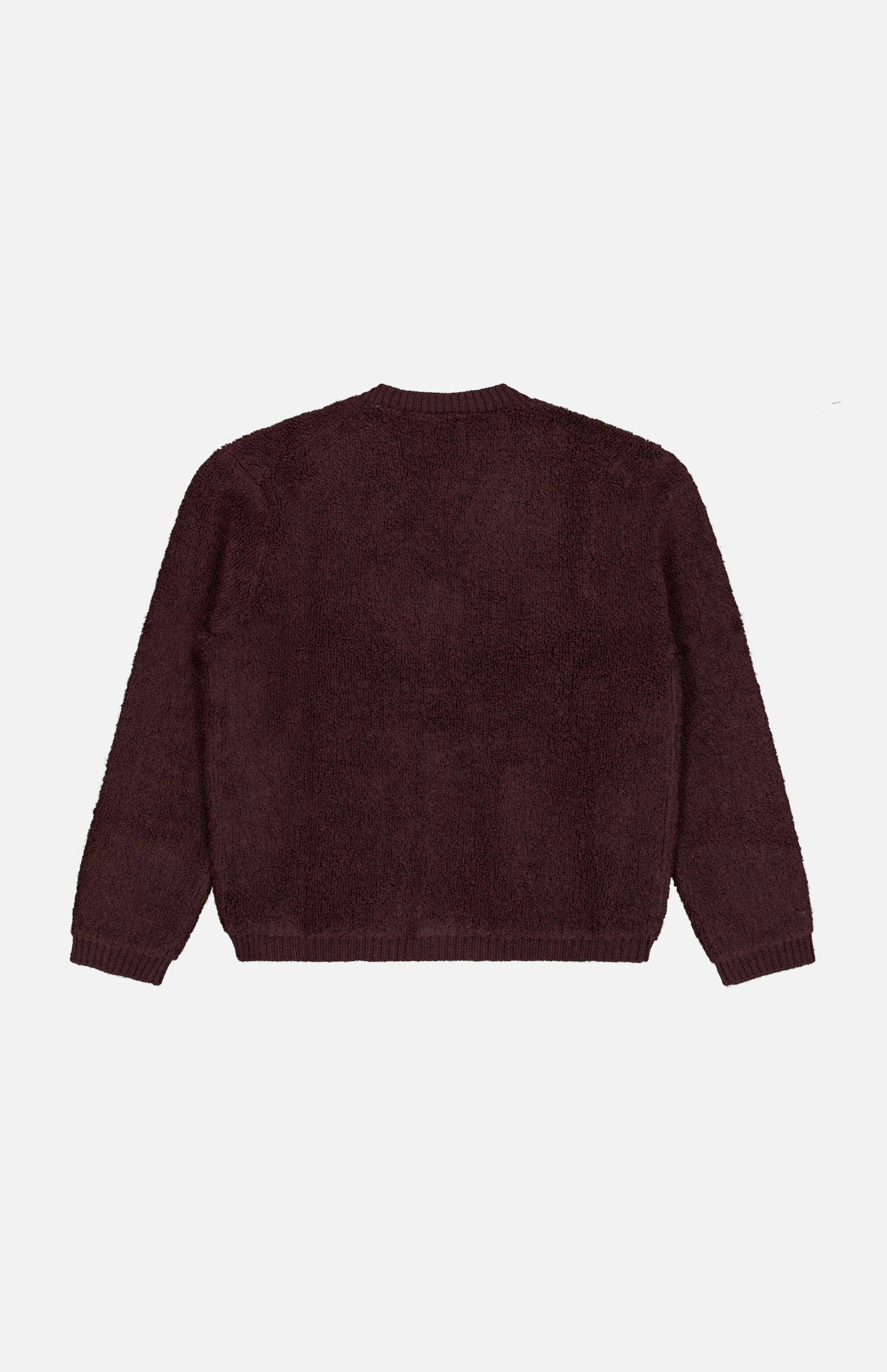 The NN07 Fleece Cardigan Sweater, featuring a maroon hue and long sleeves, is displayed laid flat with the back facing up against a white background—an ideal addition to any modern-casual wardrobe.