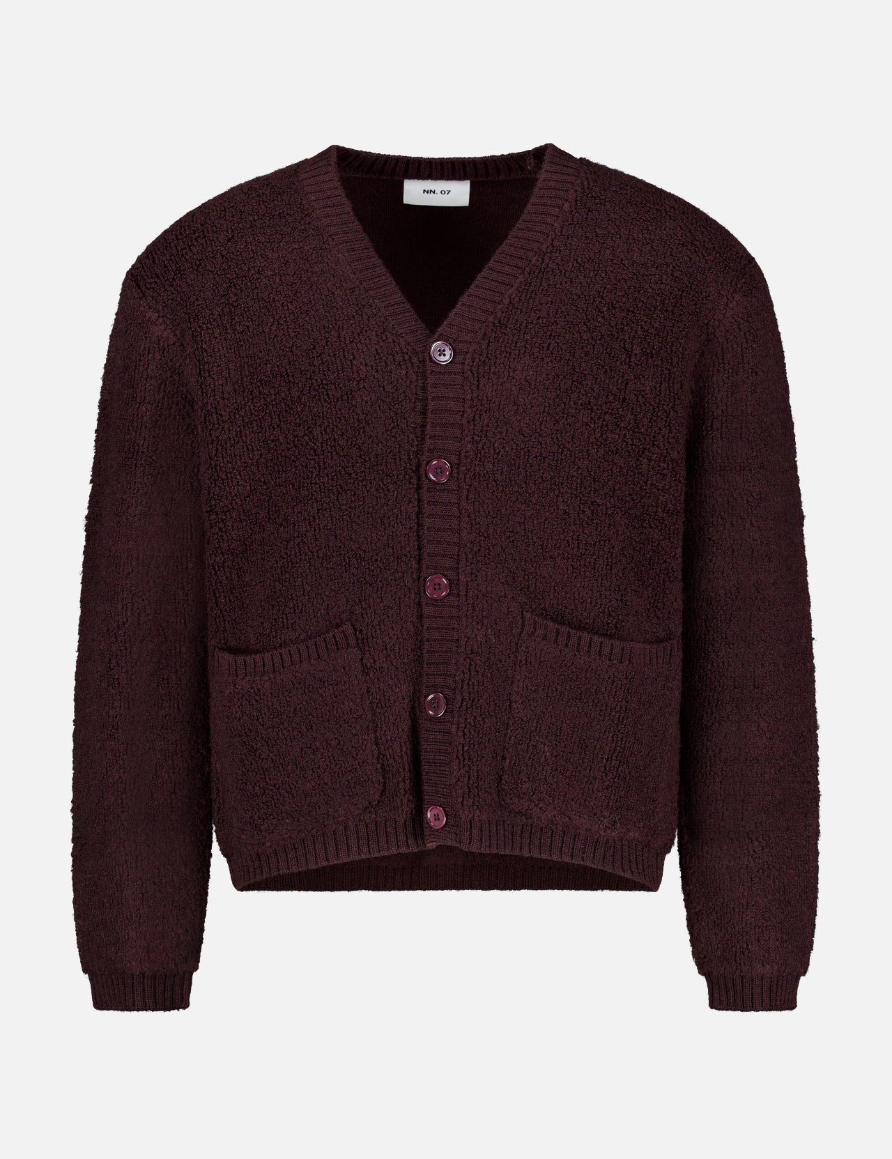 Crafted from pure wool for a premium feel, the NN07 Fleece Cardigan Sweater features a rich burgundy hue with a V-neck, button front closure, two front pockets, and ribbed cuffs and hem—perfect for adding warmth and texture to your modern-casual wardrobe. Shown here against a plain white background.