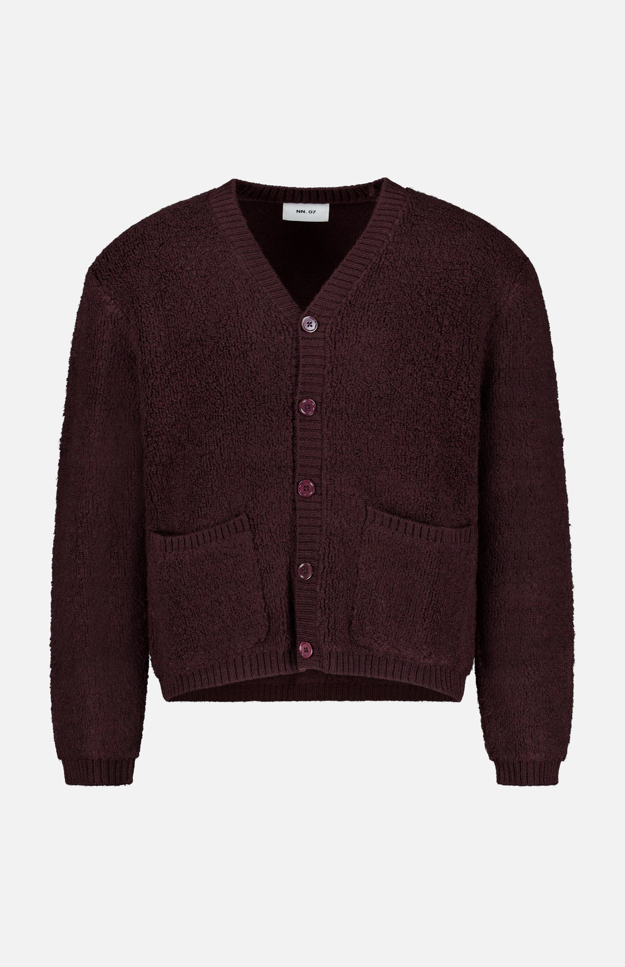 Crafted from pure wool for a premium feel, the NN07 Fleece Cardigan Sweater features a rich burgundy hue with a V-neck, button front closure, two front pockets, and ribbed cuffs and hem—perfect for adding warmth and texture to your modern-casual wardrobe. Shown here against a plain white background.