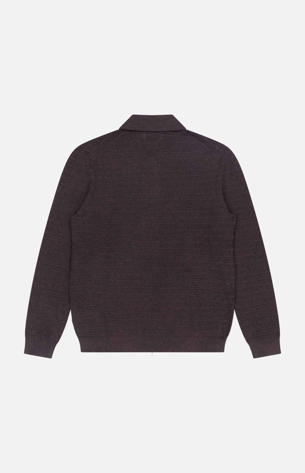 The NN07 Gustav Long Sleeve Zip Sweater in dark brown organic cotton knit features a collar and is shown from the back against a plain white background.