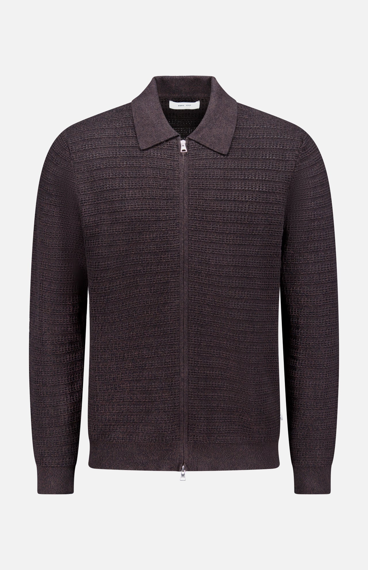 The NN07 Gustav Long Sleeve Zip Sweater, shown on a plain white background, is a dark brown organic cotton cardigan featuring a textured pattern, point collar, full-zip front, and ribbed cuffs and hem.