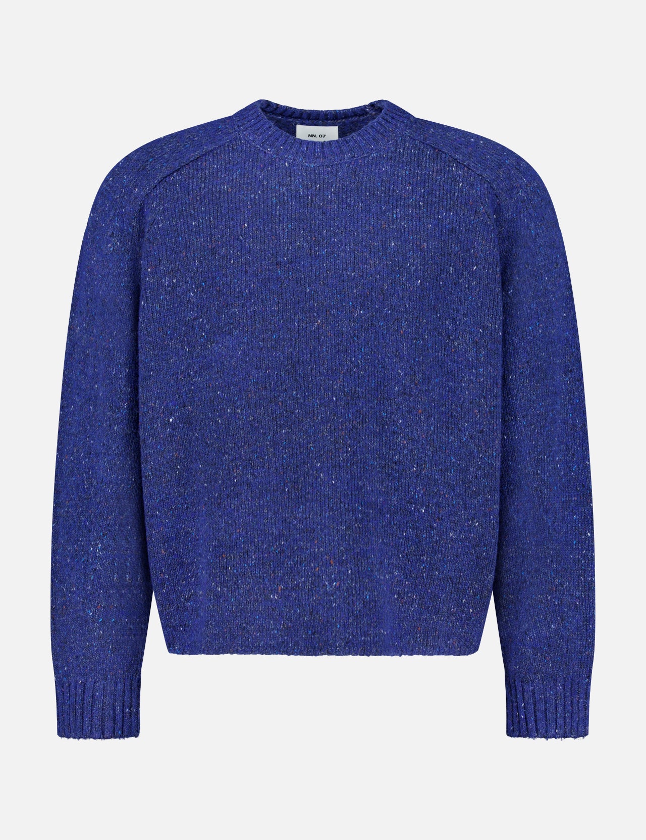 The NN07 Jim Crew Neck Knitted Sweater is crafted from a soft wool-blend jersey knit in a bright blue shade, featuring a relaxed fit with long sleeves and ribbed cuffs, hem, and crew neckline, and is displayed on a white background.