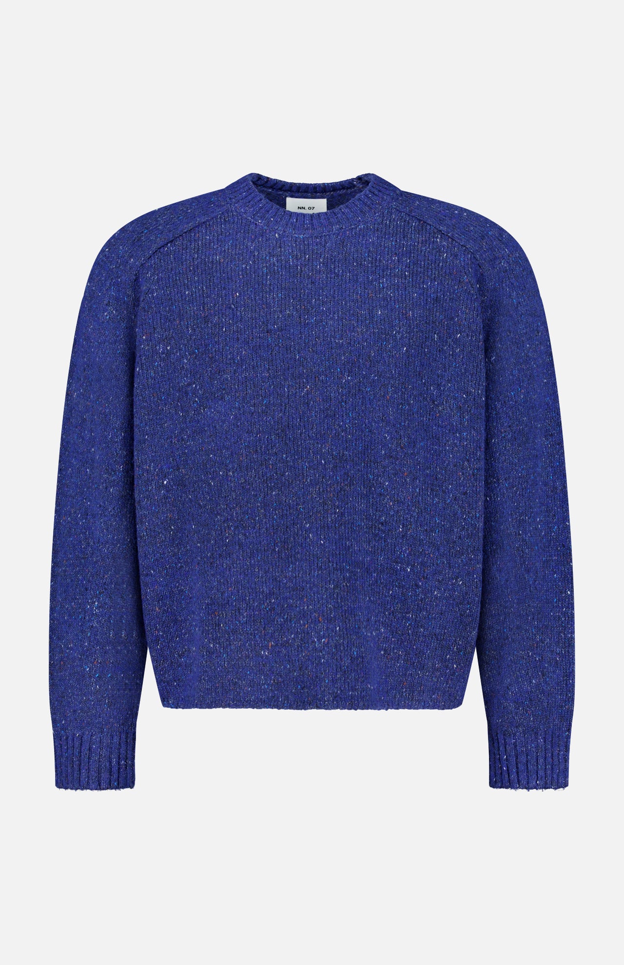 The NN07 Jim Crew Neck Knitted Sweater is crafted from a soft wool-blend jersey knit in a bright blue shade, featuring a relaxed fit with long sleeves and ribbed cuffs, hem, and crew neckline, and is displayed on a white background.