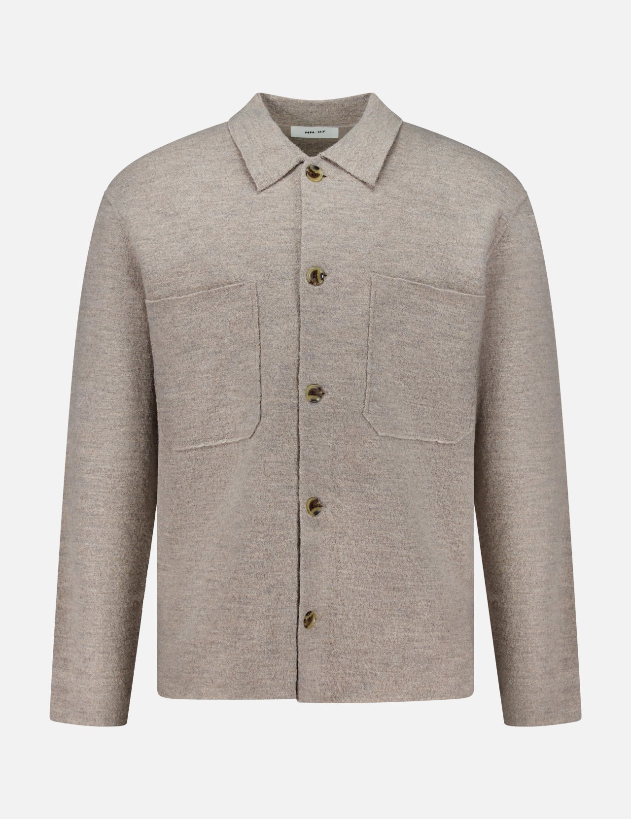 The Jonas Polo Button Down Long Sleeve Sweater by NN07 features a beige design with a collar, long sleeves, two large front chest pockets, and four brown buttons—ideal for a modern-casual wardrobe. This versatile wool shirt is showcased against a plain white background.
