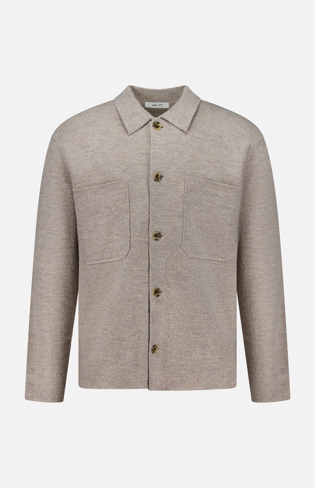 The Jonas Polo Button Down Long Sleeve Sweater by NN07 features a beige design with a collar, long sleeves, two large front chest pockets, and four brown buttons—ideal for a modern-casual wardrobe. This versatile wool shirt is showcased against a plain white background.