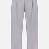 The NN07 Kay Striped Linen Trouser Pant features a light gray, high-waisted design with subtle vertical pinstripes, belt loops, front pleats, and a straight-leg fit for a polished yet relaxed look. No visible pockets or fasteners.