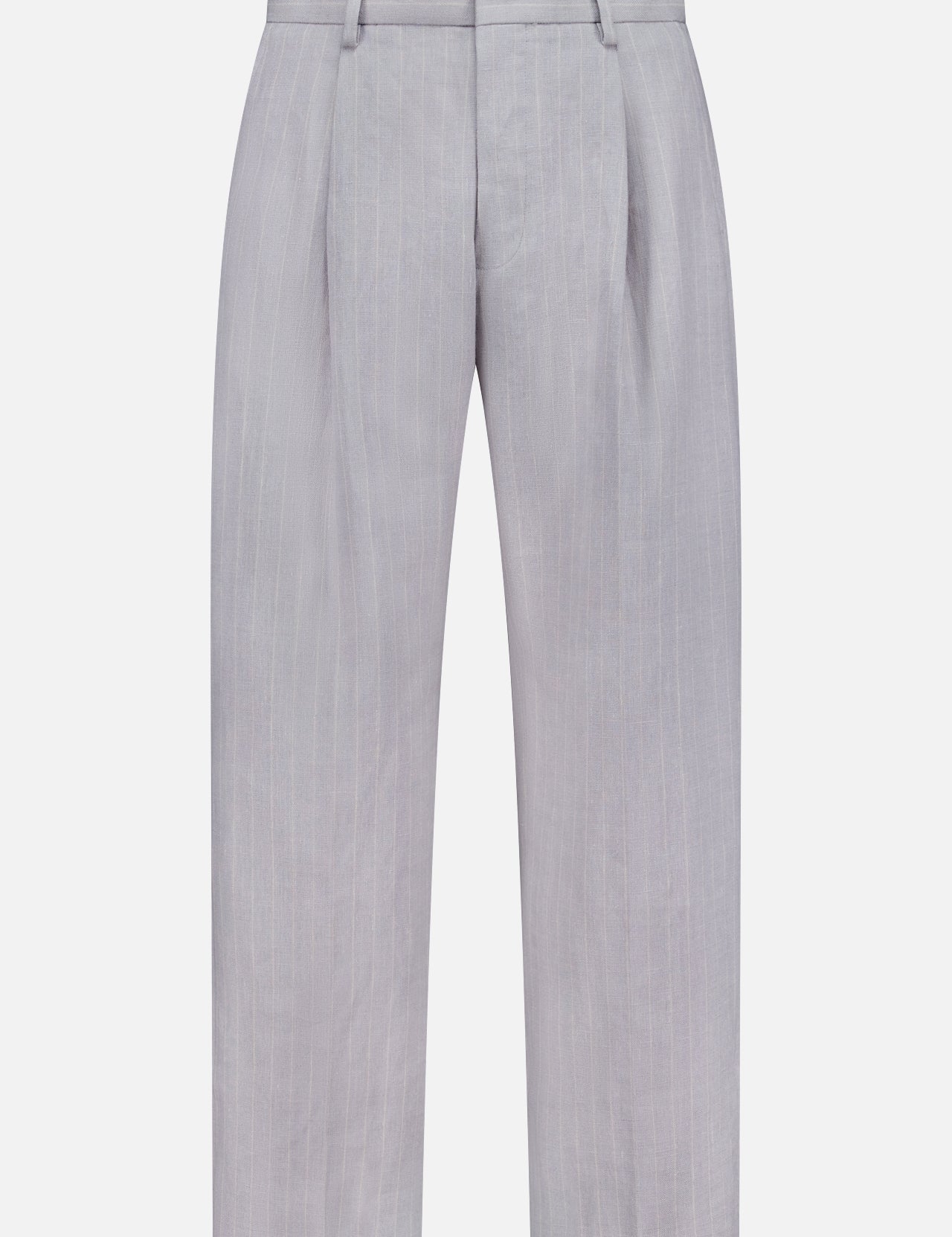 The NN07 Kay Striped Linen Trouser Pant features a light gray, high-waisted design with subtle vertical pinstripes, belt loops, front pleats, and a straight-leg fit for a polished yet relaxed look. No visible pockets or fasteners.