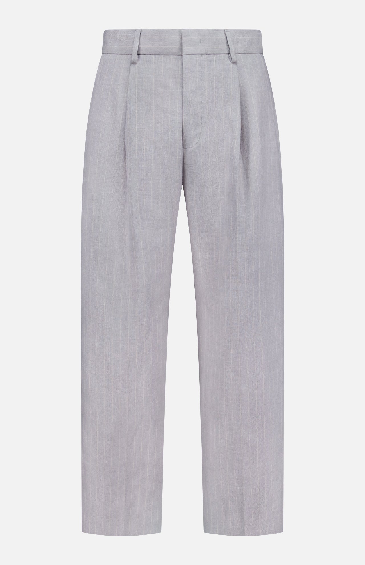 The NN07 Kay Striped Linen Trouser Pant features a light gray, high-waisted design with subtle vertical pinstripes, belt loops, front pleats, and a straight-leg fit for a polished yet relaxed look. No visible pockets or fasteners.