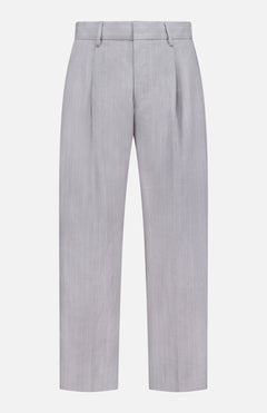 The NN07 Kay Striped Linen Trouser Pant features a light gray, high-waisted design with subtle vertical pinstripes, belt loops, front pleats, and a straight-leg fit for a polished yet relaxed look. No visible pockets or fasteners.