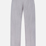 The NN07 Kay Striped Linen Trouser Pant features light grey, straight-leg linen with subtle pinstripes, a relaxed elastic waistband, and two buttoned back welt pockets, shown from the back against a white background.