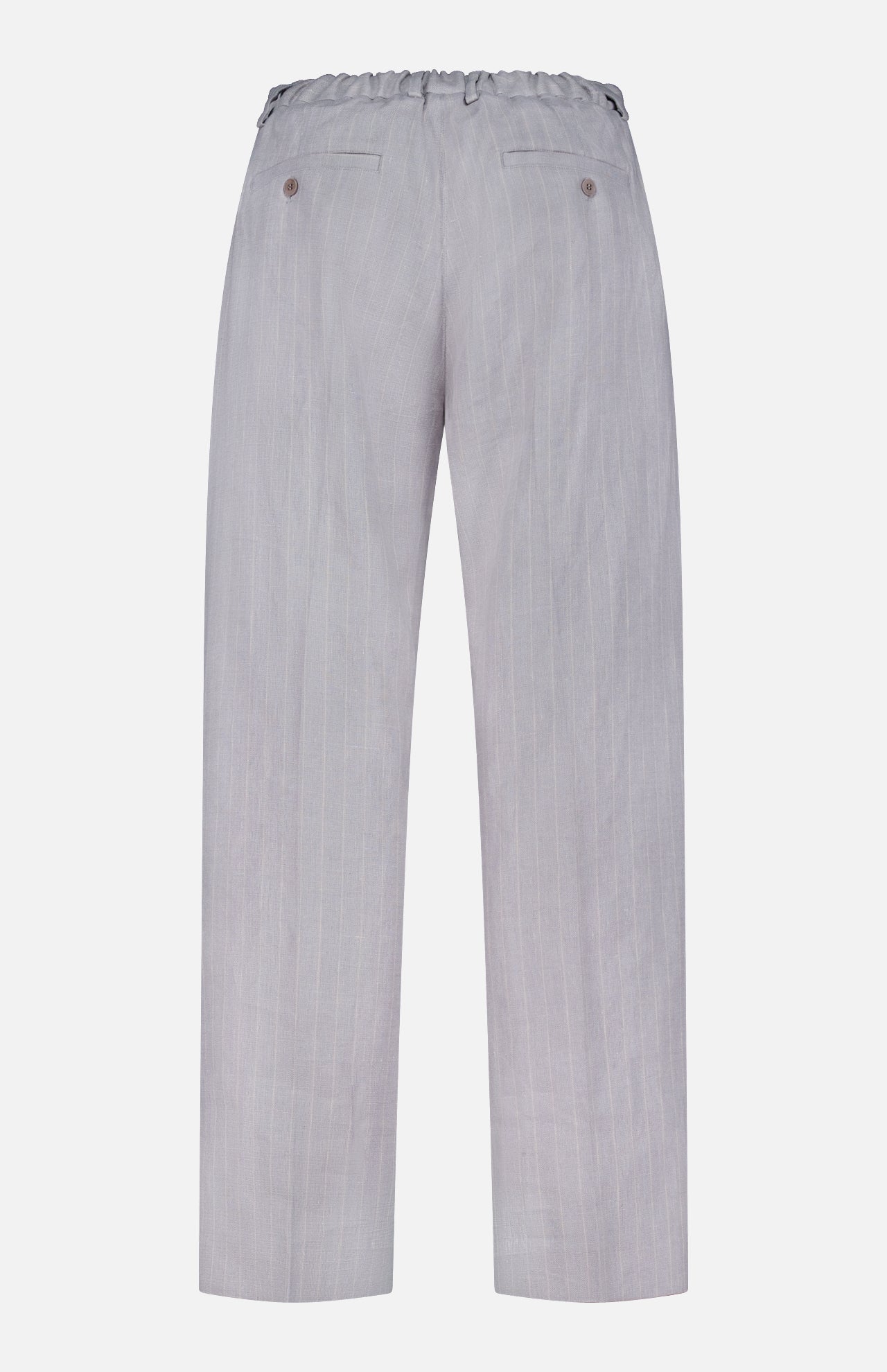 The NN07 Kay Striped Linen Trouser Pant features light grey, straight-leg linen with subtle pinstripes, a relaxed elastic waistband, and two buttoned back welt pockets, shown from the back against a white background.