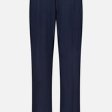 The NN07 Kay Relaxed-fit Trouser Pant features a navy blue linen blend, belt loops, front pleats, and a straight-leg design, shown against a white background.