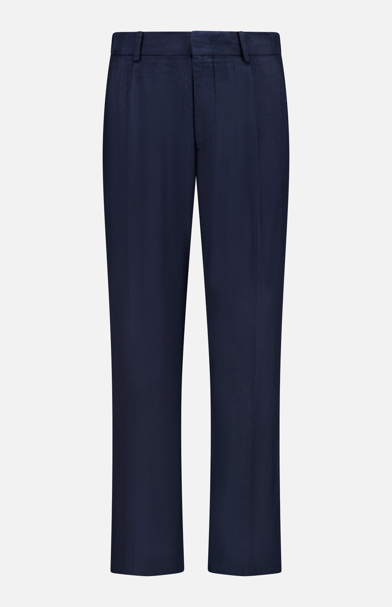 The NN07 Kay Relaxed-fit Trouser Pant features a navy blue linen blend, belt loops, front pleats, and a straight-leg design, shown against a white background.