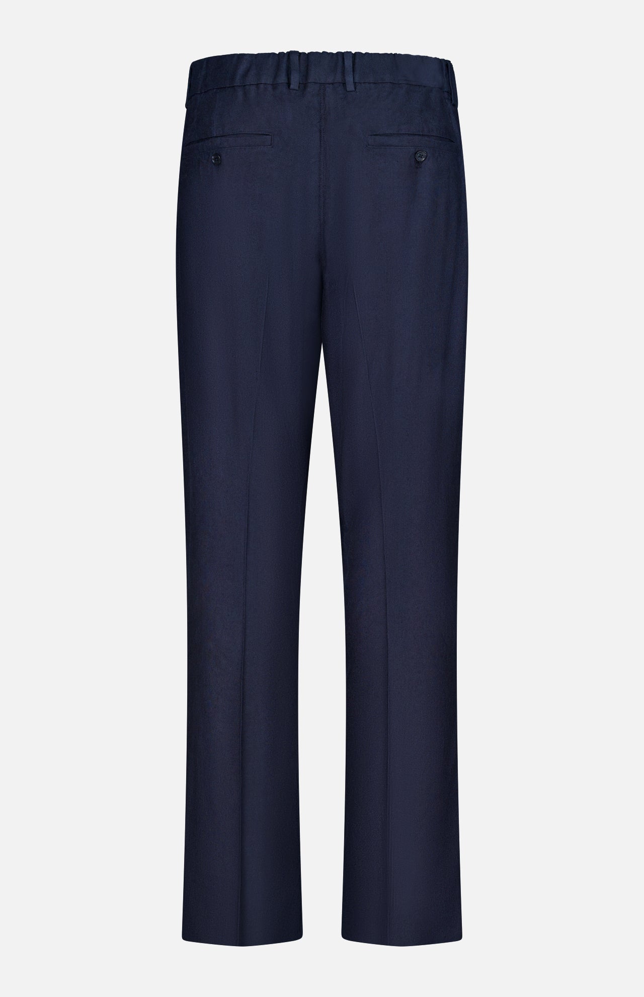 Back view of the NN07 Kay Relaxed-fit Trouser Pant in dark navy blue, featuring belt loops, two buttoned rear pockets, and straight legs, displayed on a plain white background.