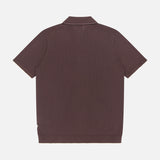 The NN07 Nalo Full-button Polo Shirt, shown in dark brown with short sleeves and a ribbed texture, is displayed flat with the back facing up against a white background—an ideal pick for any modern-casual wardrobe.