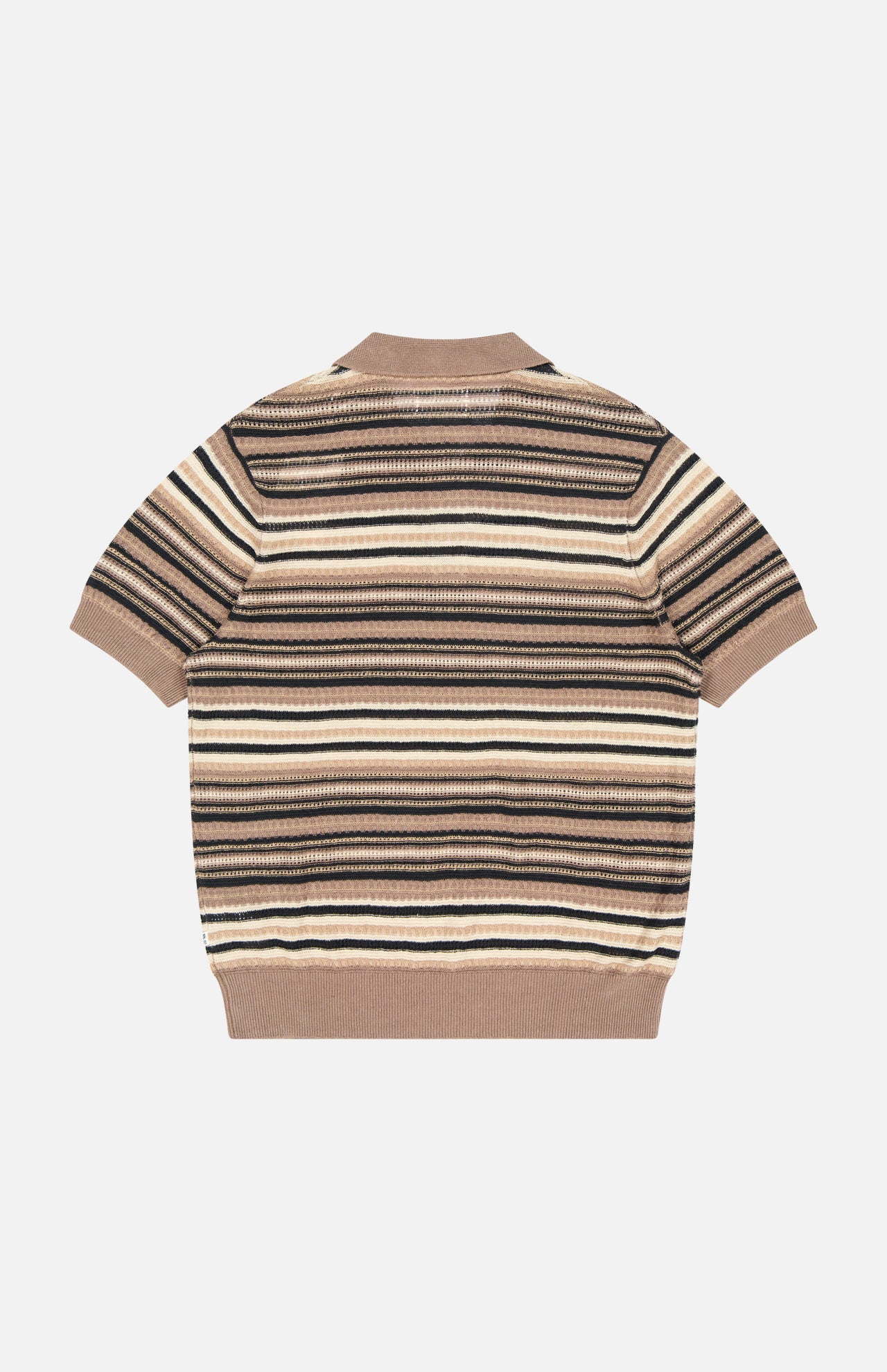 The NN07 Noam Linen Knit Polo Shirt features short sleeves and horizontal stripes in brown, beige, cream, and black, shown laid flat with the back up on a white background.