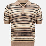The NN07 Noam Linen Knit Polo Shirt features short sleeves, a casual Jonny collar, and horizontal stripes in beige, brown, black, and cream tones.